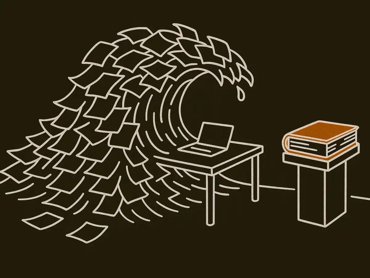 A cresting wave of loose paper pages engulfs a desk while a single thick bound ledger sits untouched on a small pedestal beside it.