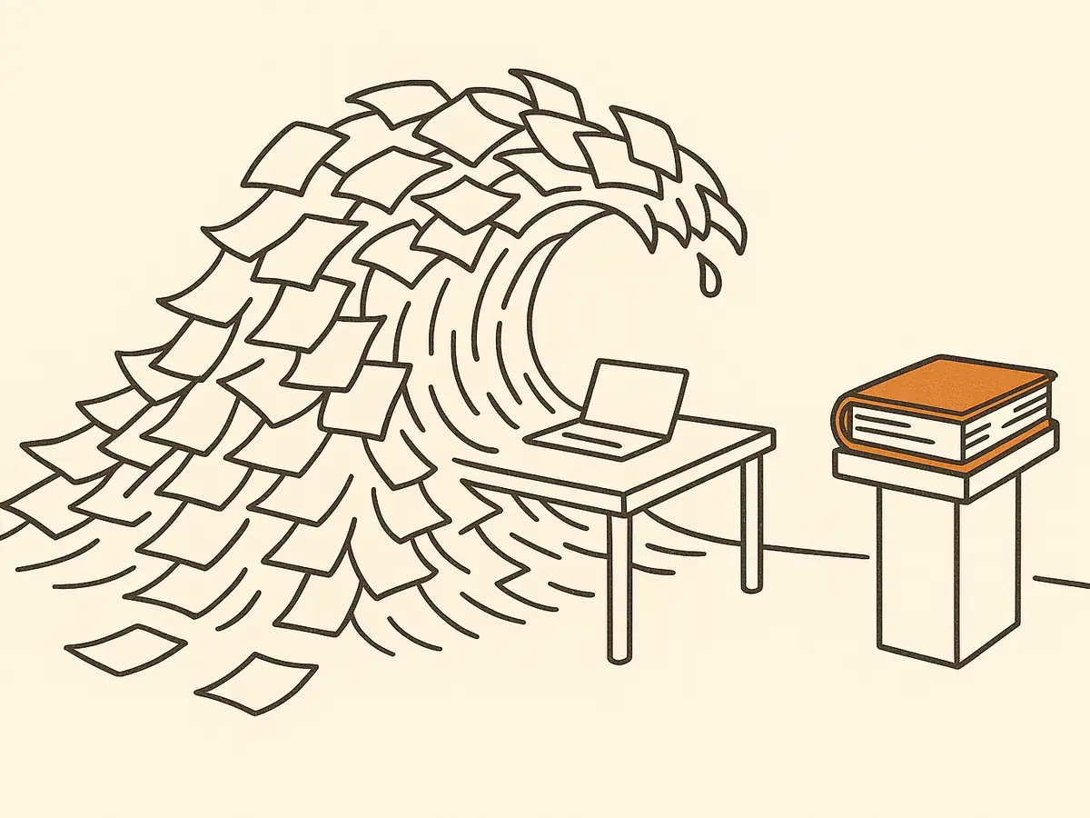 A cresting wave of loose paper pages engulfs a desk while a single thick bound ledger sits untouched on a small pedestal beside it.