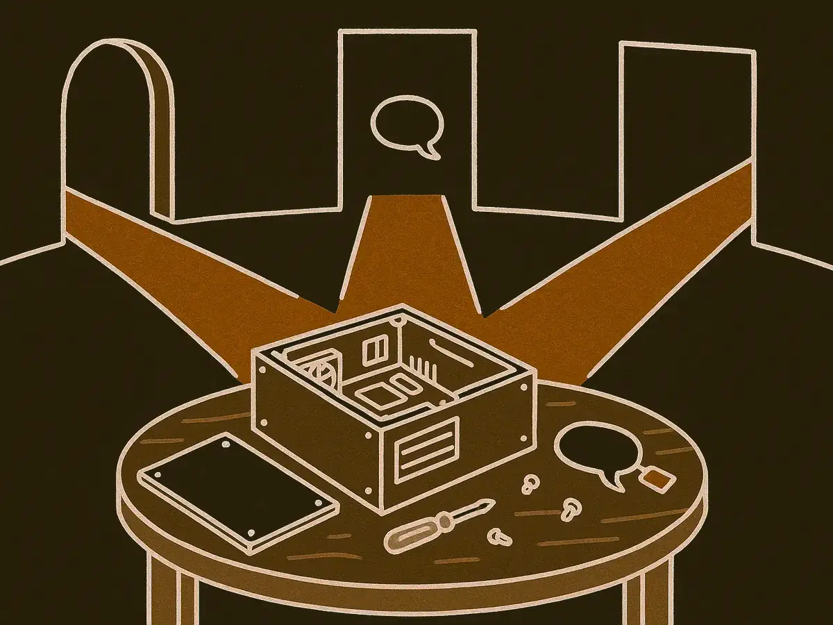 Three differently shaped open doorways surround one round workbench holding a single half-built machine; footpaths from every doorway converge on the bench, and a speech bubble drifts in through one door.