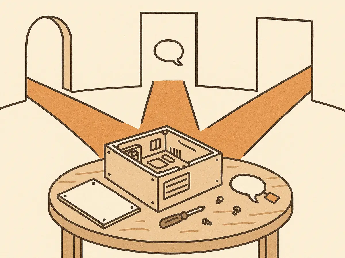 Three differently shaped open doorways surround one round workbench holding a single half-built machine; footpaths from every doorway converge on the bench, and a speech bubble drifts in through one door.