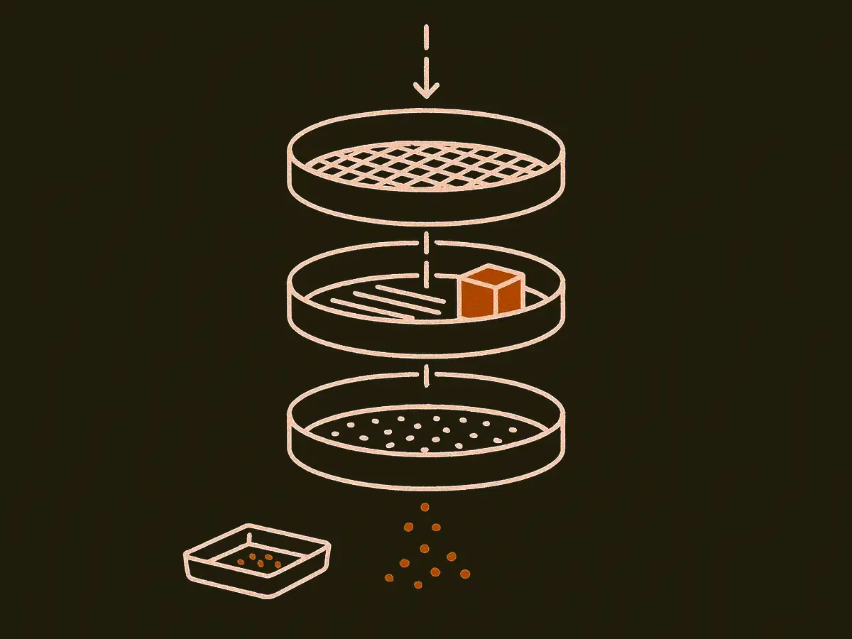 A block descends through a stack of four separately mounted sieves, each with a different mesh; small rejected fragments collect in a tray beside the stack.