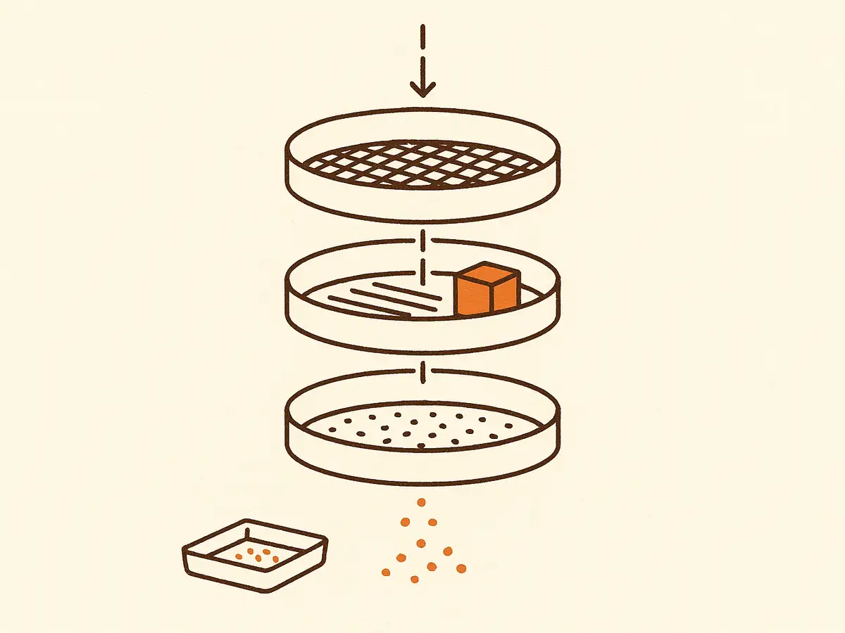 A block descends through a stack of four separately mounted sieves, each with a different mesh; small rejected fragments collect in a tray beside the stack.