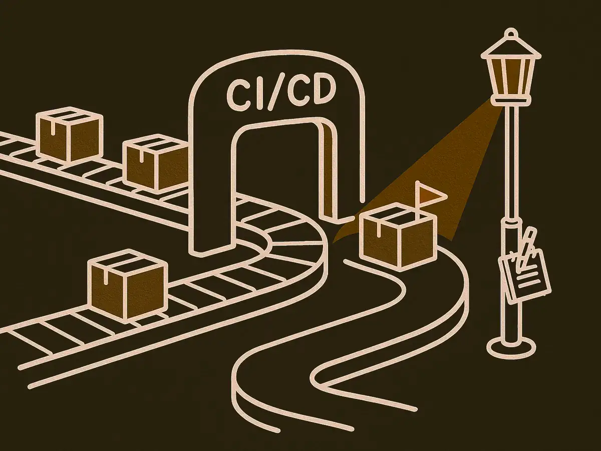 A conveyor of crates passes through a checkpoint arch labeled CI/CD while one flagged crate takes a side path around it; a lantern on a post shines its beam on the bypassing crate, a notebook hanging beneath.