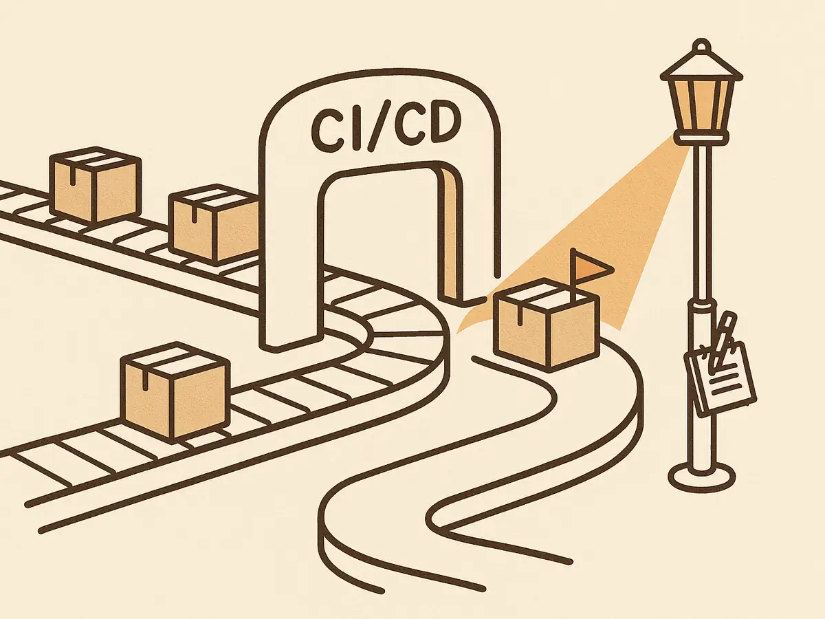 A conveyor of crates passes through a checkpoint arch labeled CI/CD while one flagged crate takes a side path around it; a lantern on a post shines its beam on the bypassing crate, a notebook hanging beneath.