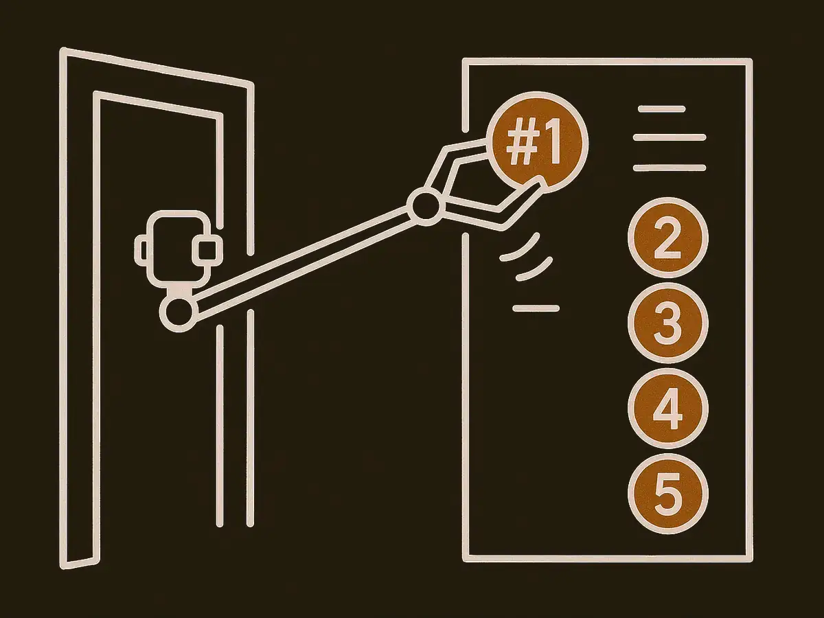A mechanical claw reaches through a doorframe that has no door and plucks the top token from a numbered waitlist board while the tokens beneath slide up a slot.