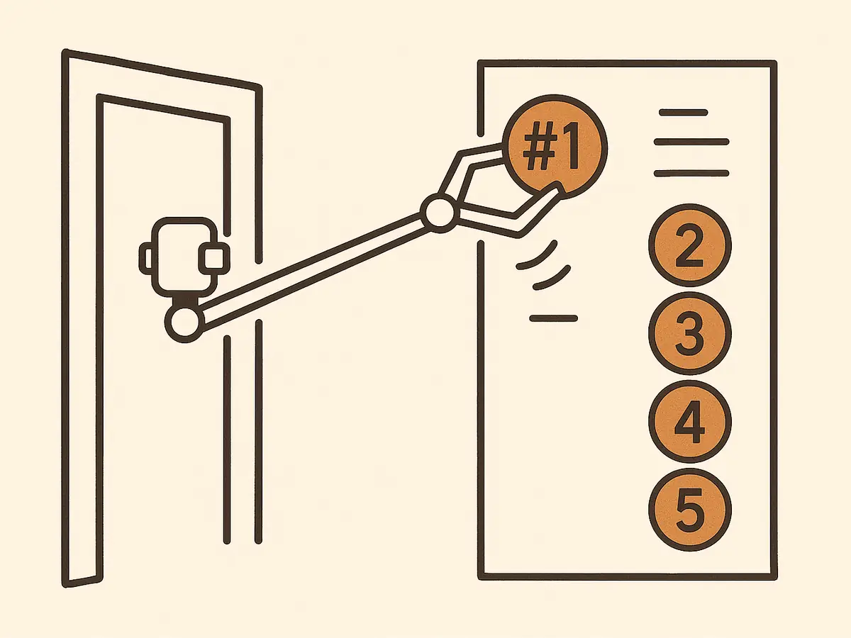 A mechanical claw reaches through a doorframe that has no door and plucks the top token from a numbered waitlist board while the tokens beneath slide up a slot.