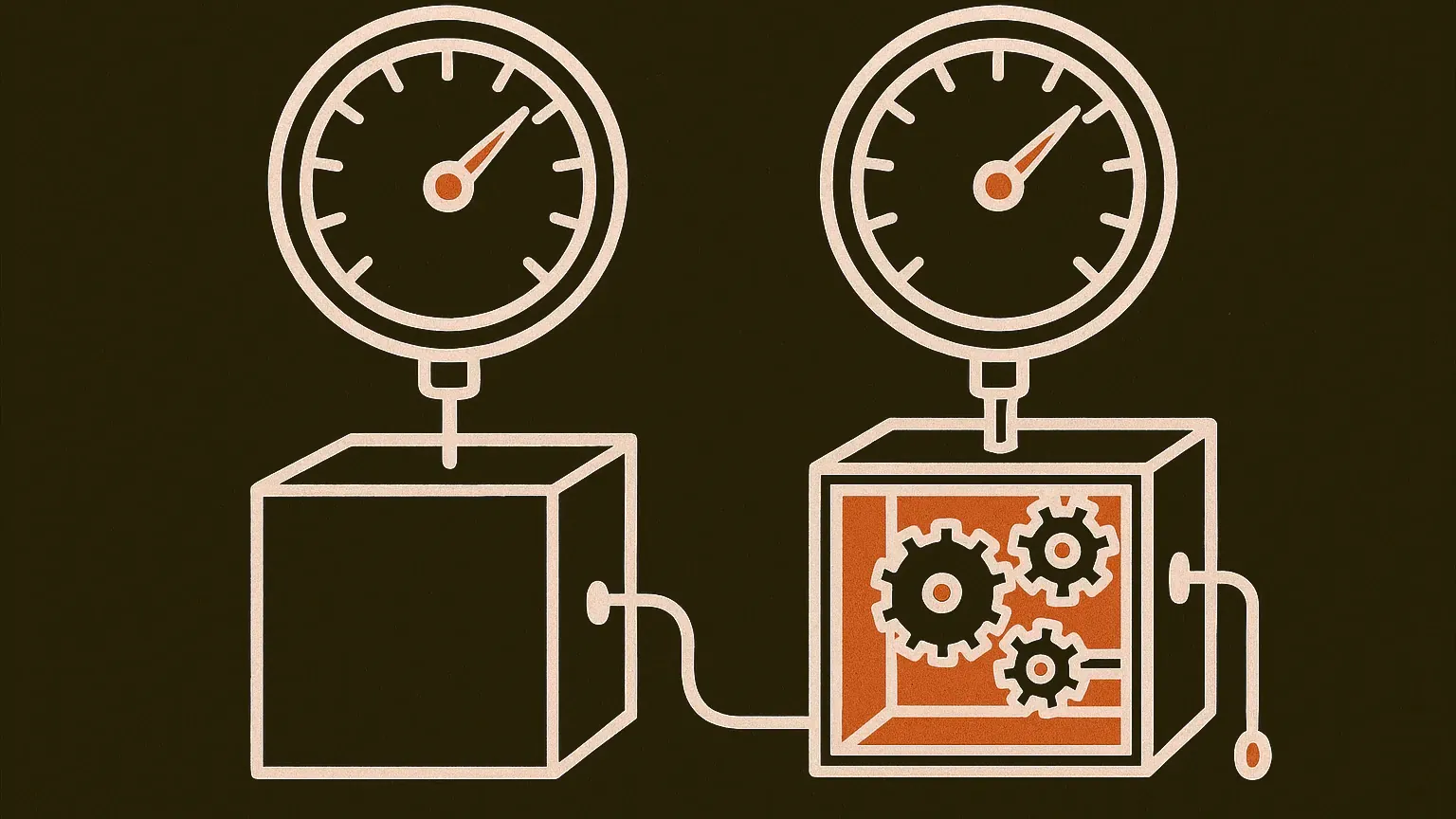 Two matching pressure gauges read the same value: one is connected to a sealed box, the other to an open machine with all of its gears and tubing exposed and a pull-cord ready to run.