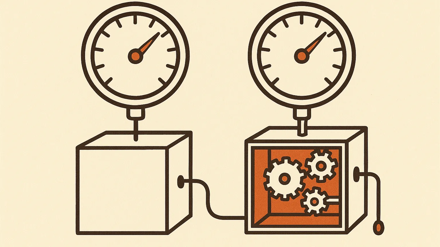 Two matching pressure gauges read the same value: one is connected to a sealed box, the other to an open machine with all of its gears and tubing exposed and a pull-cord ready to run.