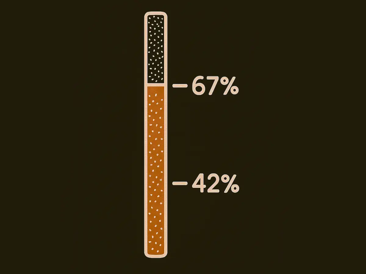 A tall column of tiny beads with a shaded level risen from its base; a faint dashed line marks an old lower level and a bold line marks the new higher one.