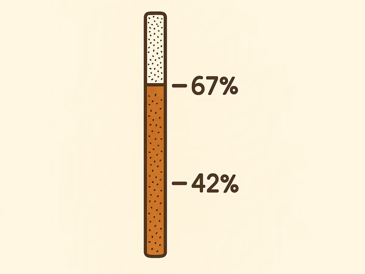 A tall column of tiny beads with a shaded level risen from its base; a faint dashed line marks an old lower level and a bold line marks the new higher one.