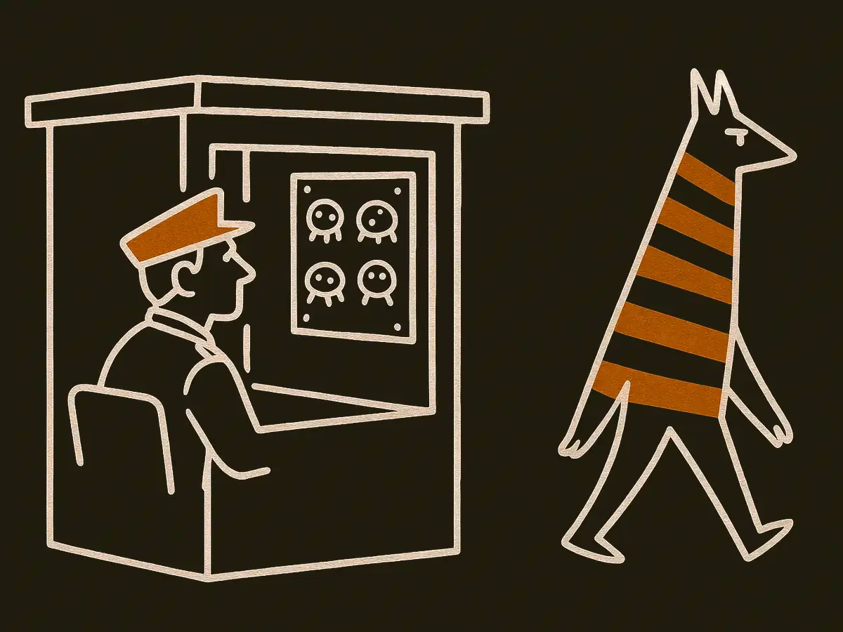 A guard studies a board of sketches showing round spotted creatures while a tall, angular striped creature, unlike any sketch, walks past behind the watch post unnoticed.