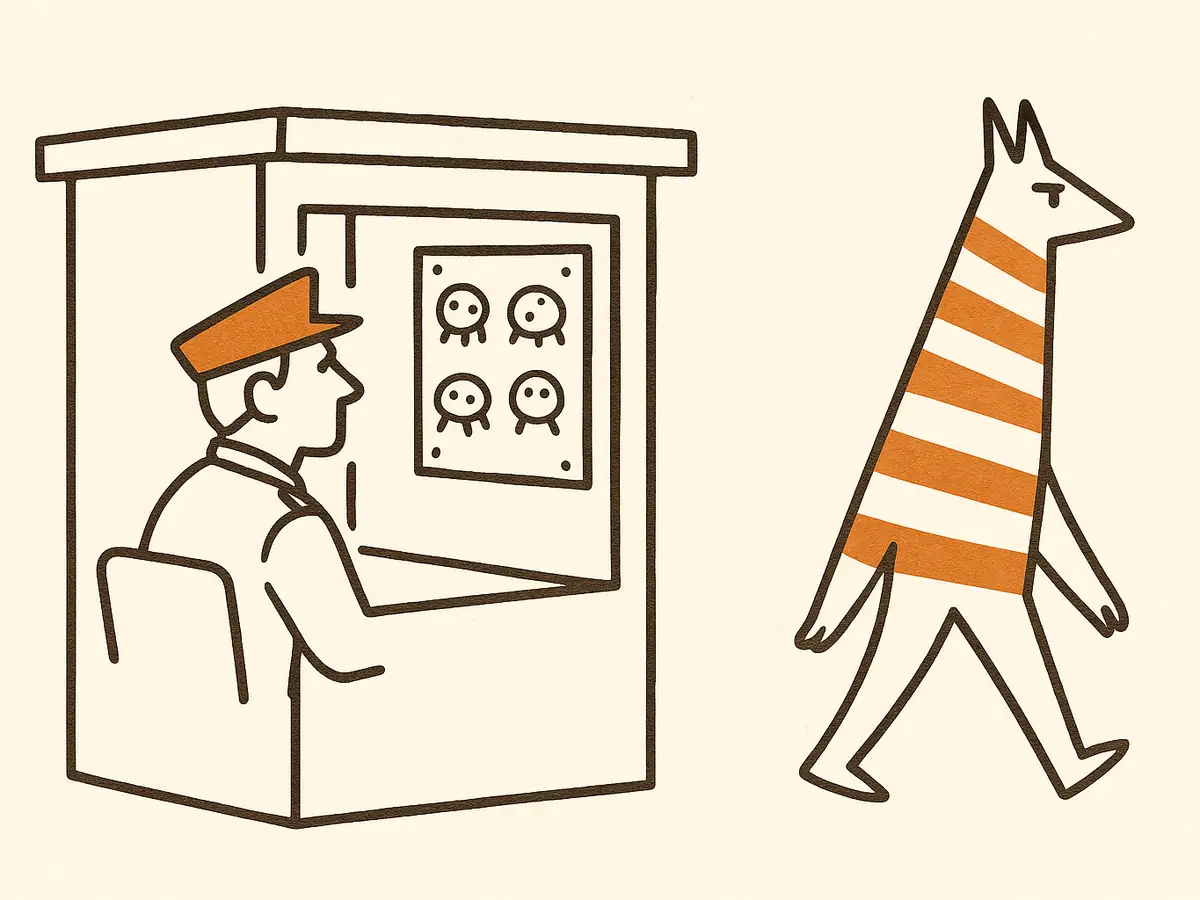A guard studies a board of sketches showing round spotted creatures while a tall, angular striped creature, unlike any sketch, walks past behind the watch post unnoticed.