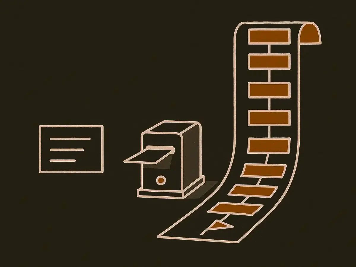 A tiny index card with three short lines feeds into a small machine, which unrolls a much longer scroll of connected step boxes ending in a small flag.