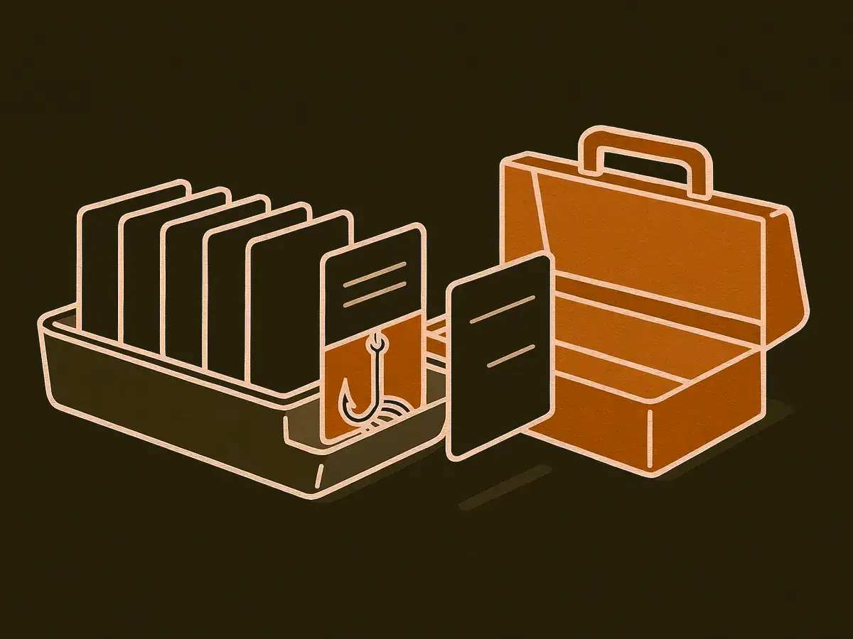 Identical instruction cards being slotted into an open toolbox; one card is cut away to reveal a fish-hook and coiled wire concealed inside its body.