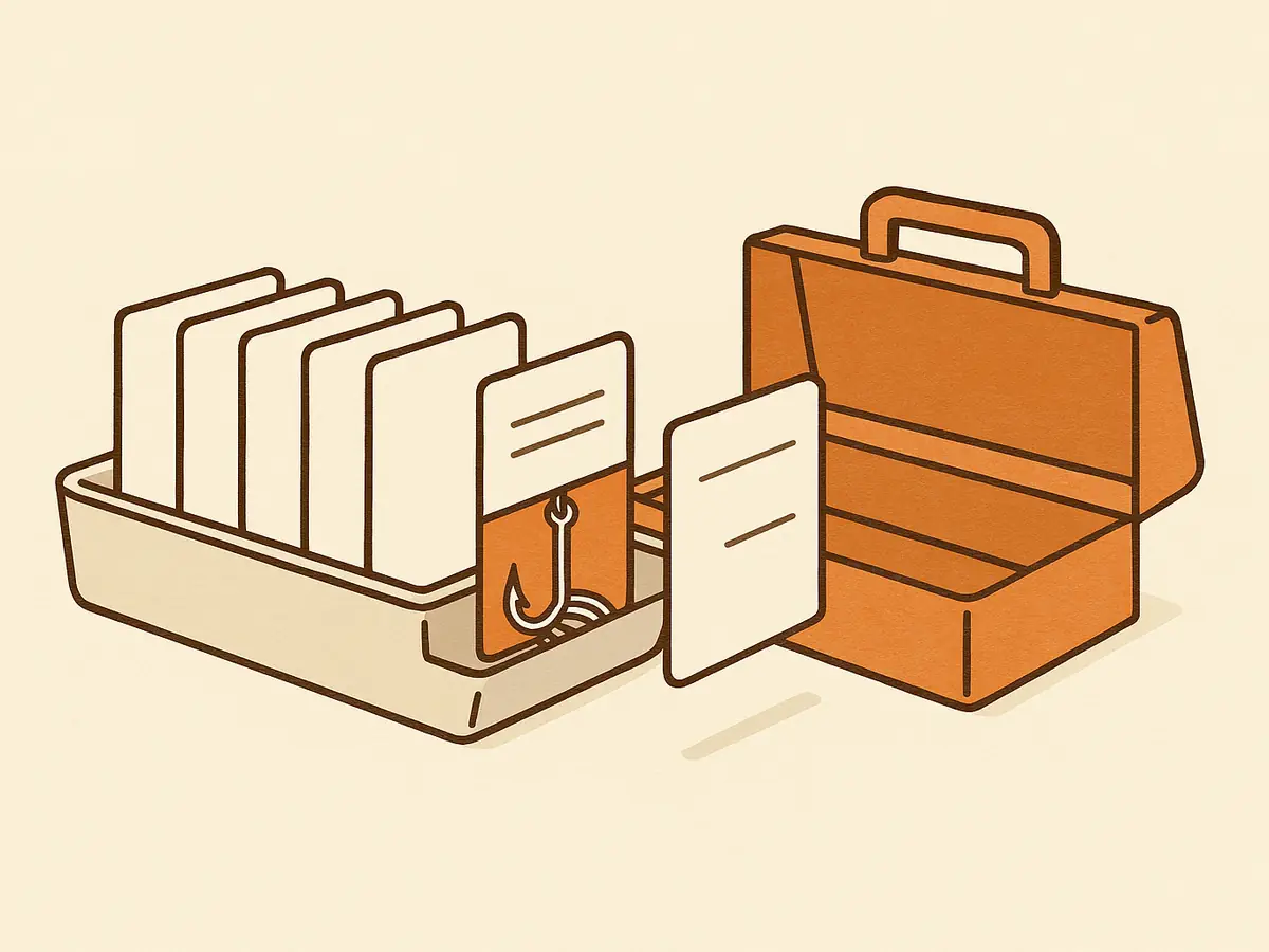 Identical instruction cards being slotted into an open toolbox; one card is cut away to reveal a fish-hook and coiled wire concealed inside its body.
