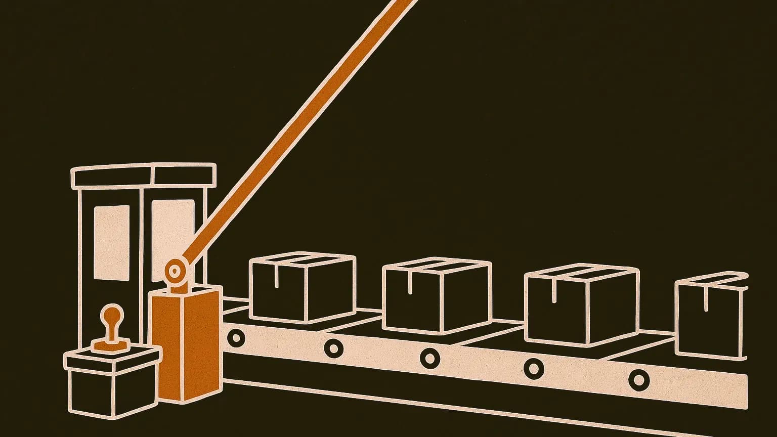 A conveyor of identical sealed crates rolls through a checkpoint whose barrier arm is latched upright; the inspection booth beside it is empty, with a rubber stamp left unused on the ledge.