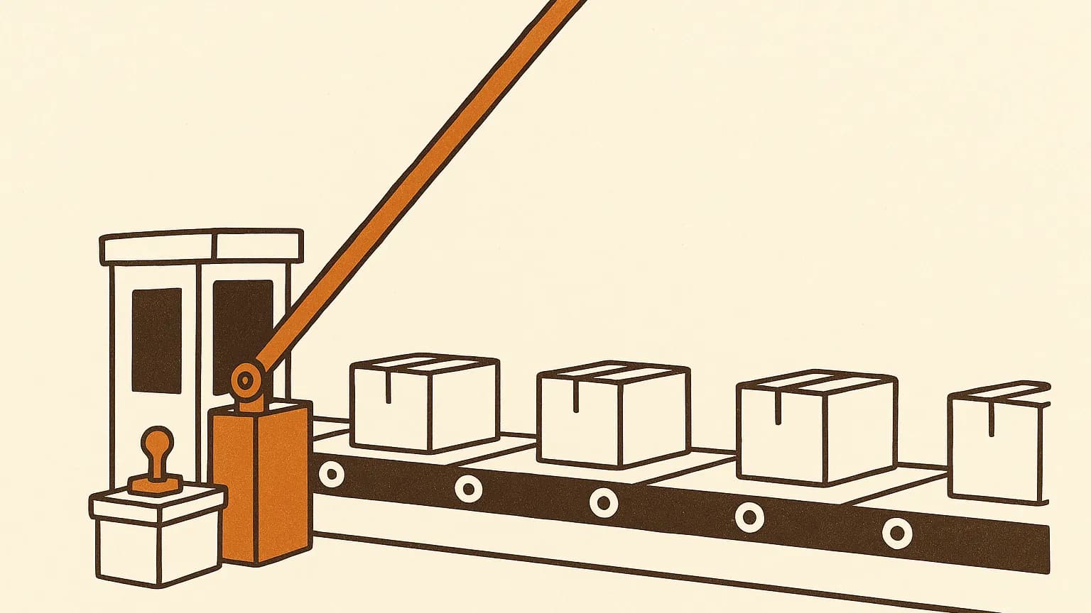 A conveyor of identical sealed crates rolls through a checkpoint whose barrier arm is latched upright; the inspection booth beside it is empty, with a rubber stamp left unused on the ledge.