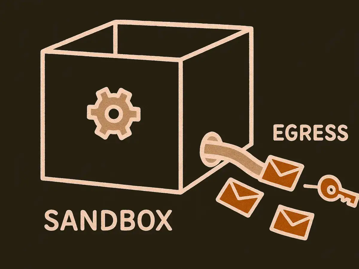Cutaway of a thick-walled box holding a single gear; a hose escapes through one small gap in the wall, carrying a line of envelopes and a key out of the box.