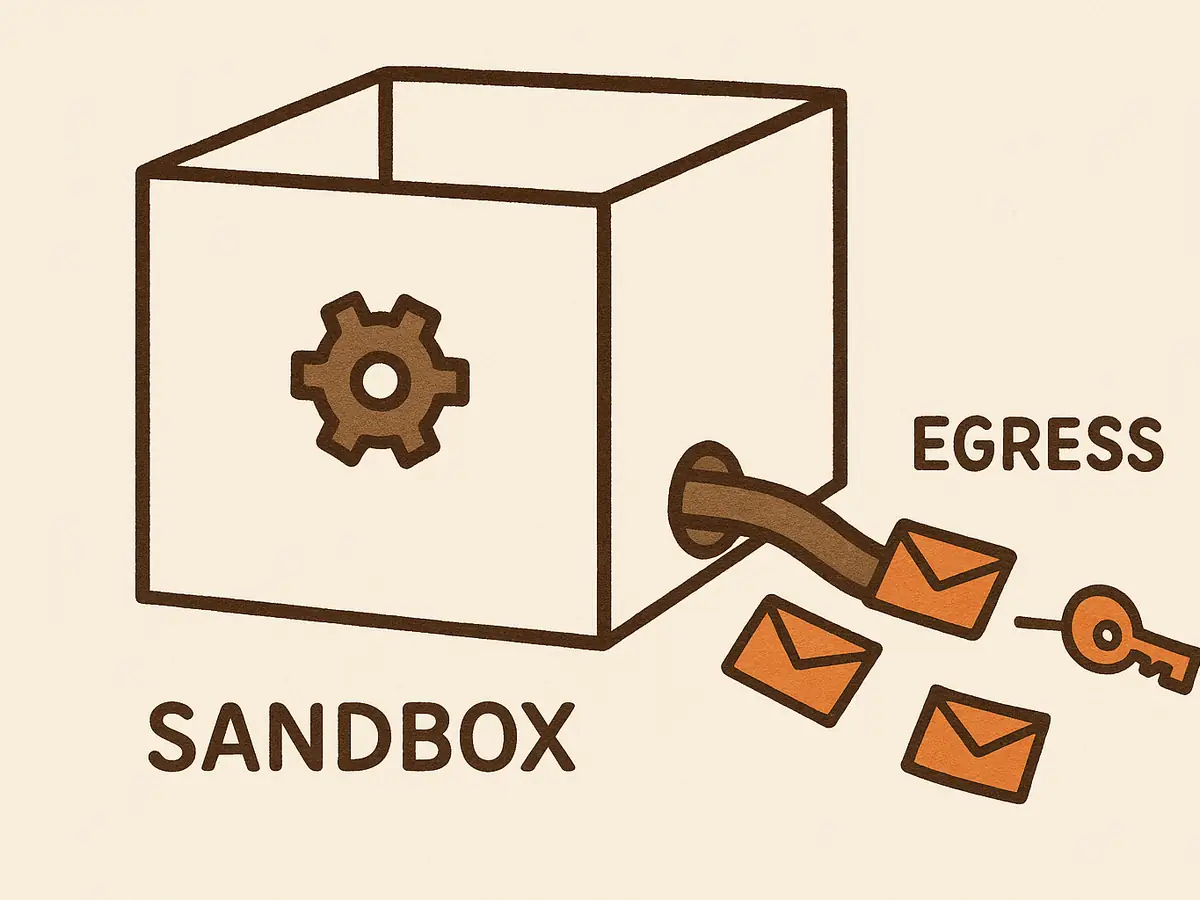 Cutaway of a thick-walled box holding a single gear; a hose escapes through one small gap in the wall, carrying a line of envelopes and a key out of the box.