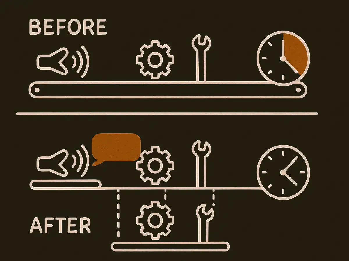 Two stacked assembly-line diagrams labeled BEFORE and AFTER. In the top one a mouth icon is chained in series with tool stations and its clock shows a long wait; in the bottom the mouth sits on its own track with tools on a parallel rail, its clock nearly empty.