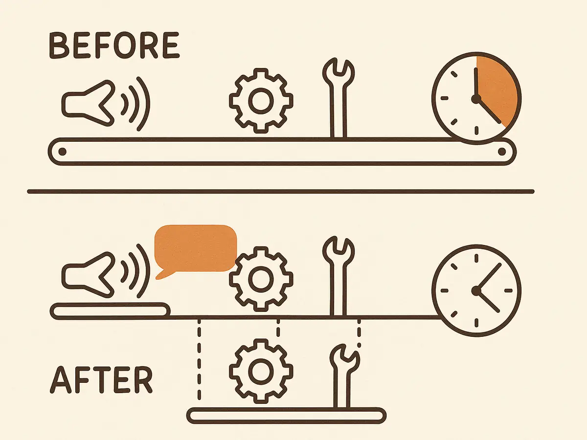 Two stacked assembly-line diagrams labeled BEFORE and AFTER. In the top one a mouth icon is chained in series with tool stations and its clock shows a long wait; in the bottom the mouth sits on its own track with tools on a parallel rail, its clock nearly empty.