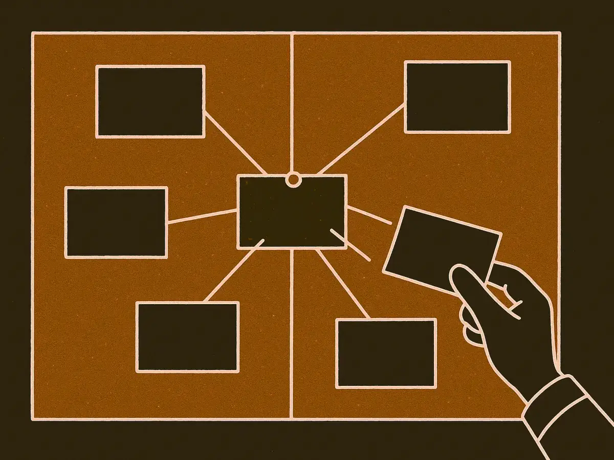 A corkboard where an old note card at the centre is held in place by taut threads to five surrounding cards, while a hand pressing a fresh card into that spot is bounced off, the new card hovering at an angle.