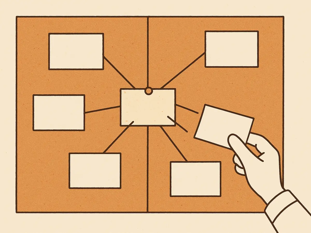 A corkboard where an old note card at the centre is held in place by taut threads to five surrounding cards, while a hand pressing a fresh card into that spot is bounced off, the new card hovering at an angle.