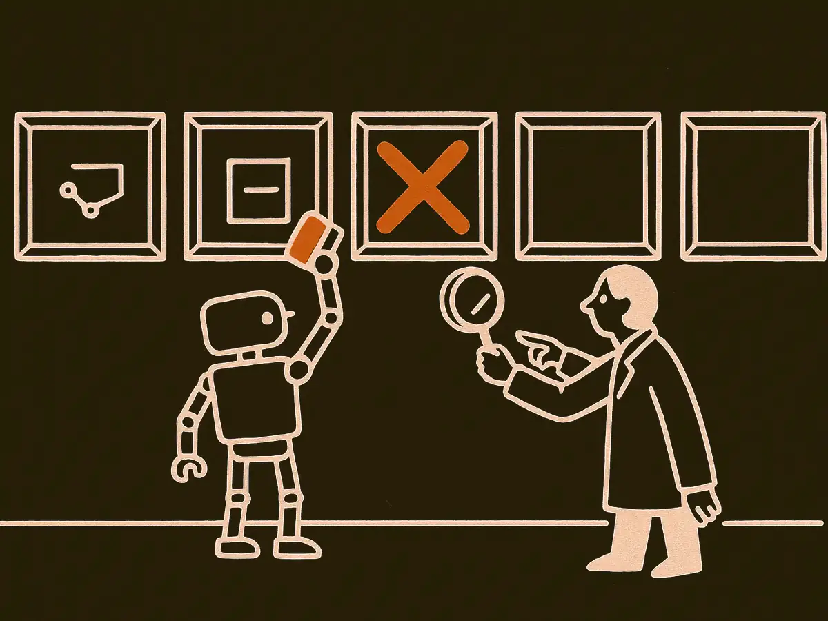 A wall of experiment cards each sealed under glass; one crossed-out card sits behind its pane while a small robot arm with an eraser is stopped flat against the glass. A separate figure with a magnifying glass points at an empty frame at the row's end.