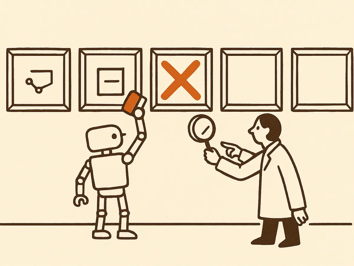 A wall of experiment cards each sealed under glass; one crossed-out card sits behind its pane while a small robot arm with an eraser is stopped flat against the glass. A separate figure with a magnifying glass points at an empty frame at the row's end.