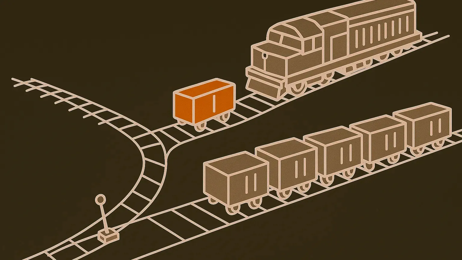 A rail switchyard: tracks meet at a single switch, a broad fan of tracks carries a crowded line of small freight cars one way while a narrow siding sends a single car toward a large locomotive waiting alone.