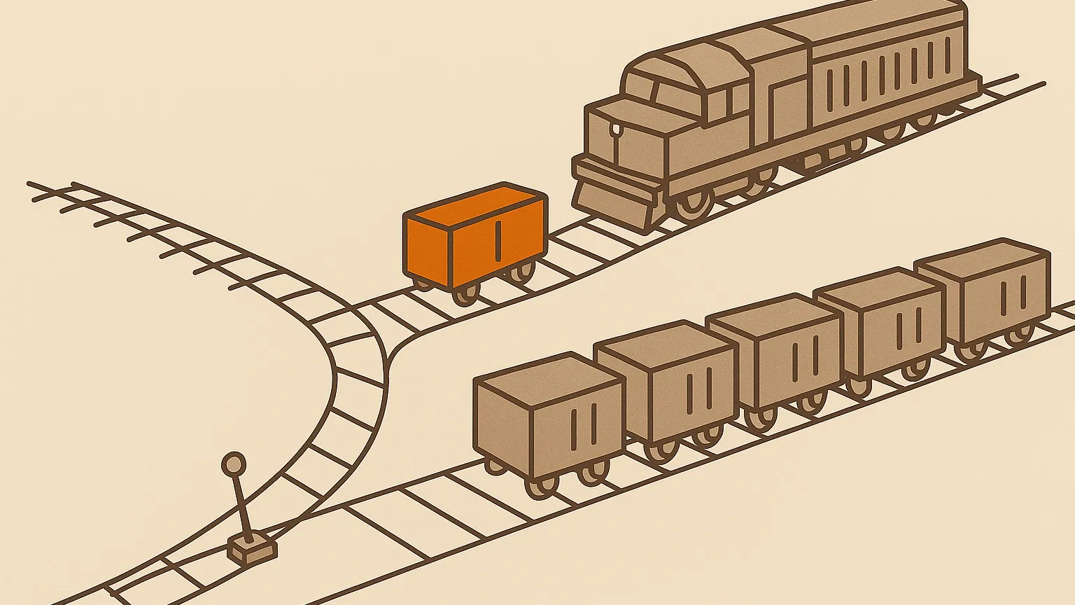 A rail switchyard: tracks meet at a single switch, a broad fan of tracks carries a crowded line of small freight cars one way while a narrow siding sends a single car toward a large locomotive waiting alone.