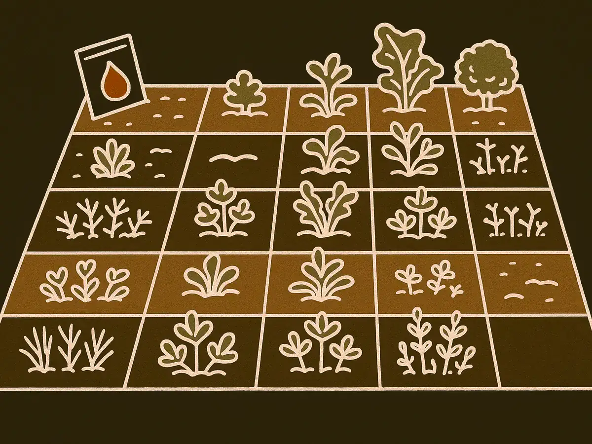 An overhead view of a grid of 24 garden plots, all grown from one seed packet propped at the corner; the plants differ from plot to plot and two plots are bare.