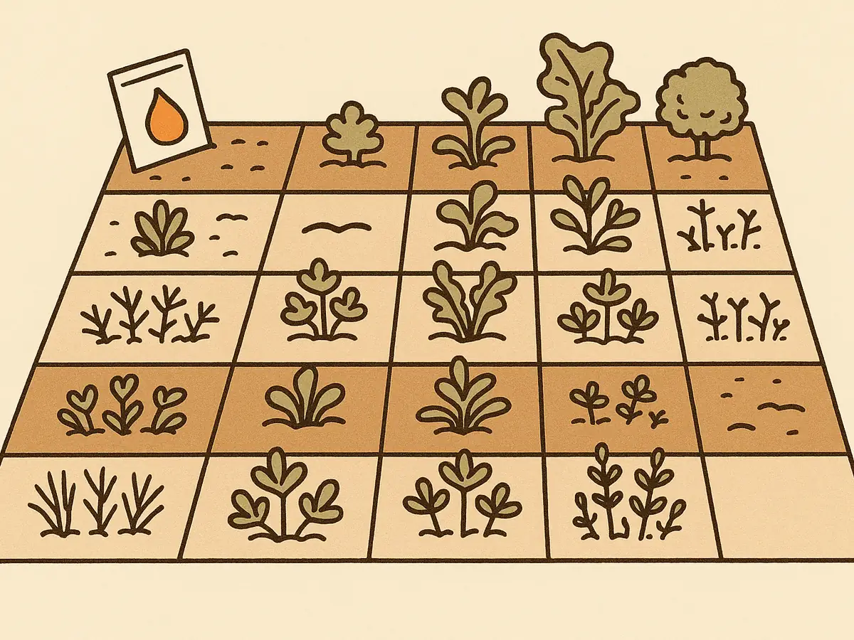 An overhead view of a grid of 24 garden plots, all grown from one seed packet propped at the corner; the plants differ from plot to plot and two plots are bare.