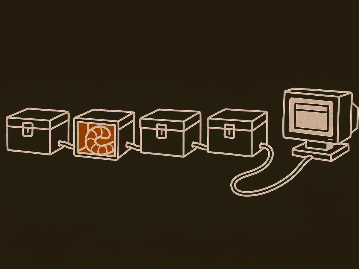 A row of tool crates connected by one cable into a computer terminal; a cutaway of the middle crate shows a worm coiled inside while the cable continues through it.