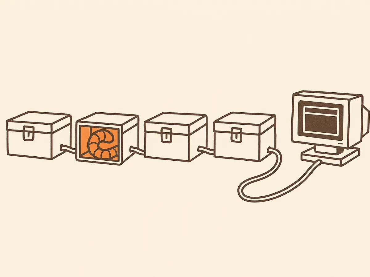 A row of tool crates connected by one cable into a computer terminal; a cutaway of the middle crate shows a worm coiled inside while the cable continues through it.