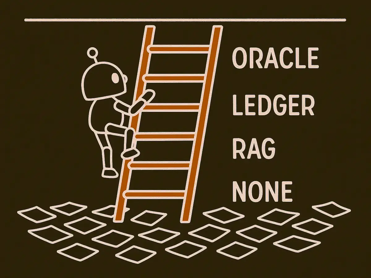 A robot climbs a four-rung ladder rising out of scattered papers; the rungs carry labels and the ladder's top stops short of a horizontal ceiling line above it.