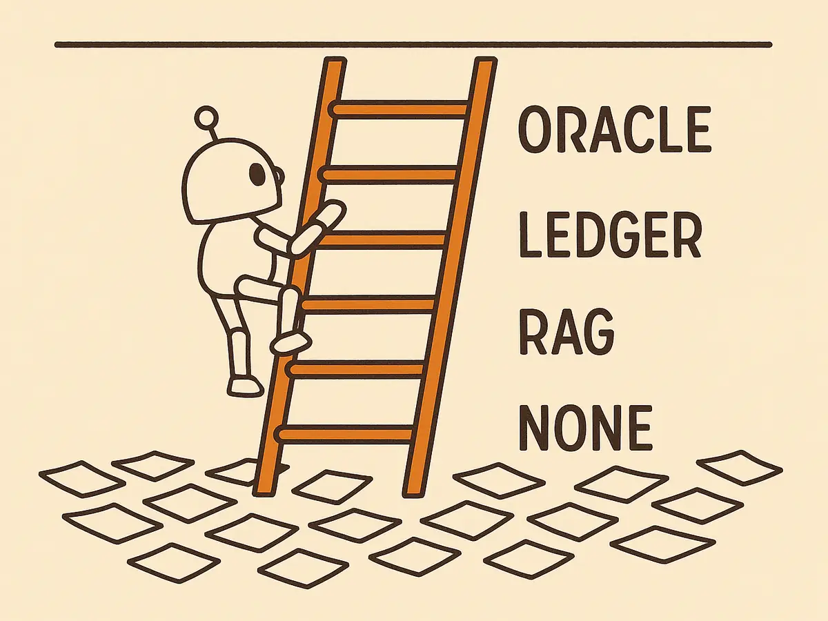 A robot climbs a four-rung ladder rising out of scattered papers; the rungs carry labels and the ladder's top stops short of a horizontal ceiling line above it.