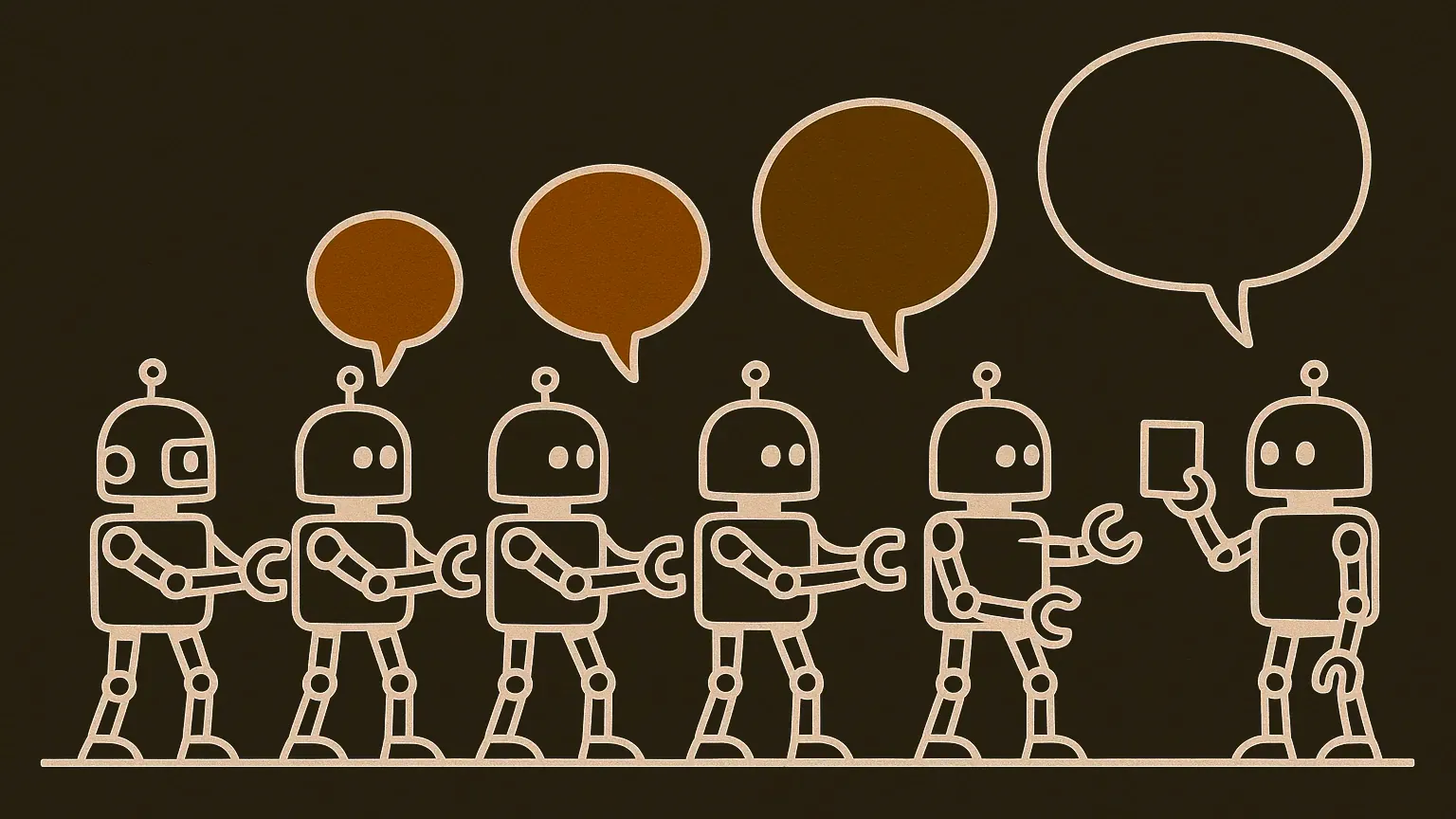 Six small robots in a row pass a glowing speech bubble along hand to hand; it grows at each handoff until it reaches the last robot, which holds up a small card, and the bubble stops and dims.