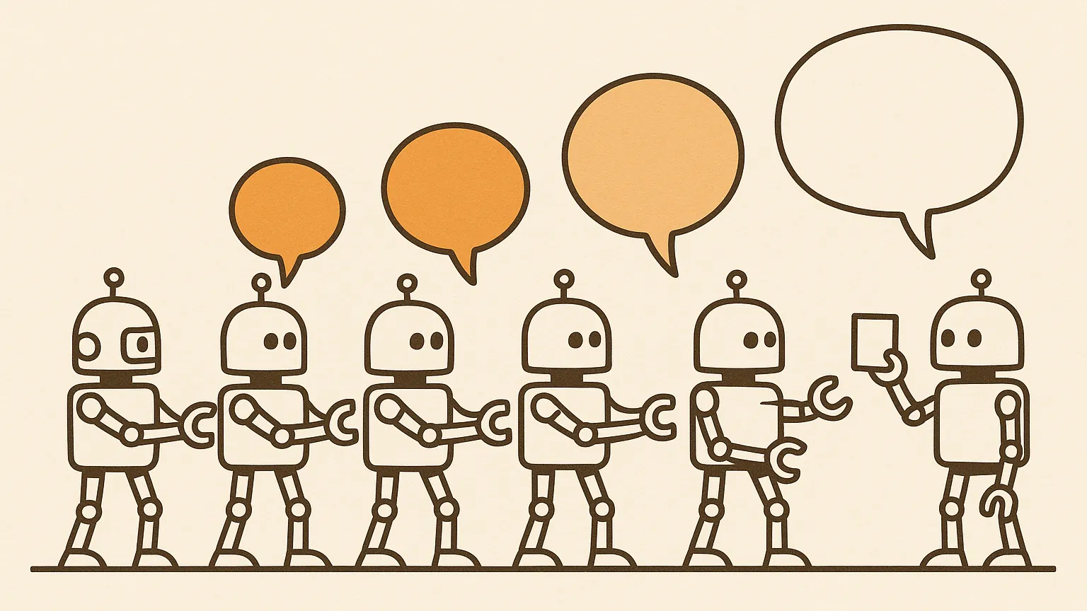 Six small robots in a row pass a glowing speech bubble along hand to hand; it grows at each handoff until it reaches the last robot, which holds up a small card, and the bubble stops and dims.
