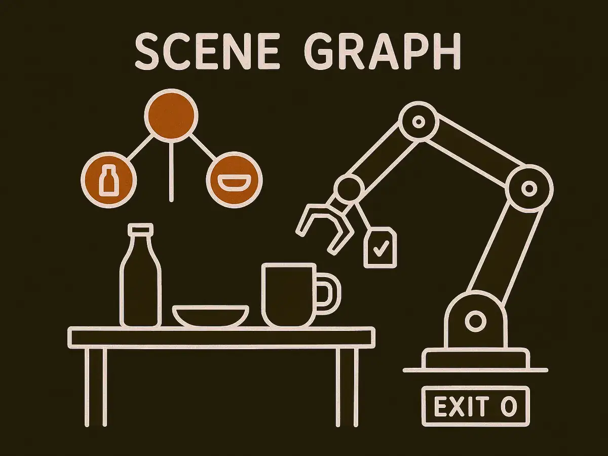 A robot arm reaches for a mug while a floating node diagram mirrors the objects on the table, each node linked to its object by a thin line; a small tag with a check mark sits beside the gripper.
