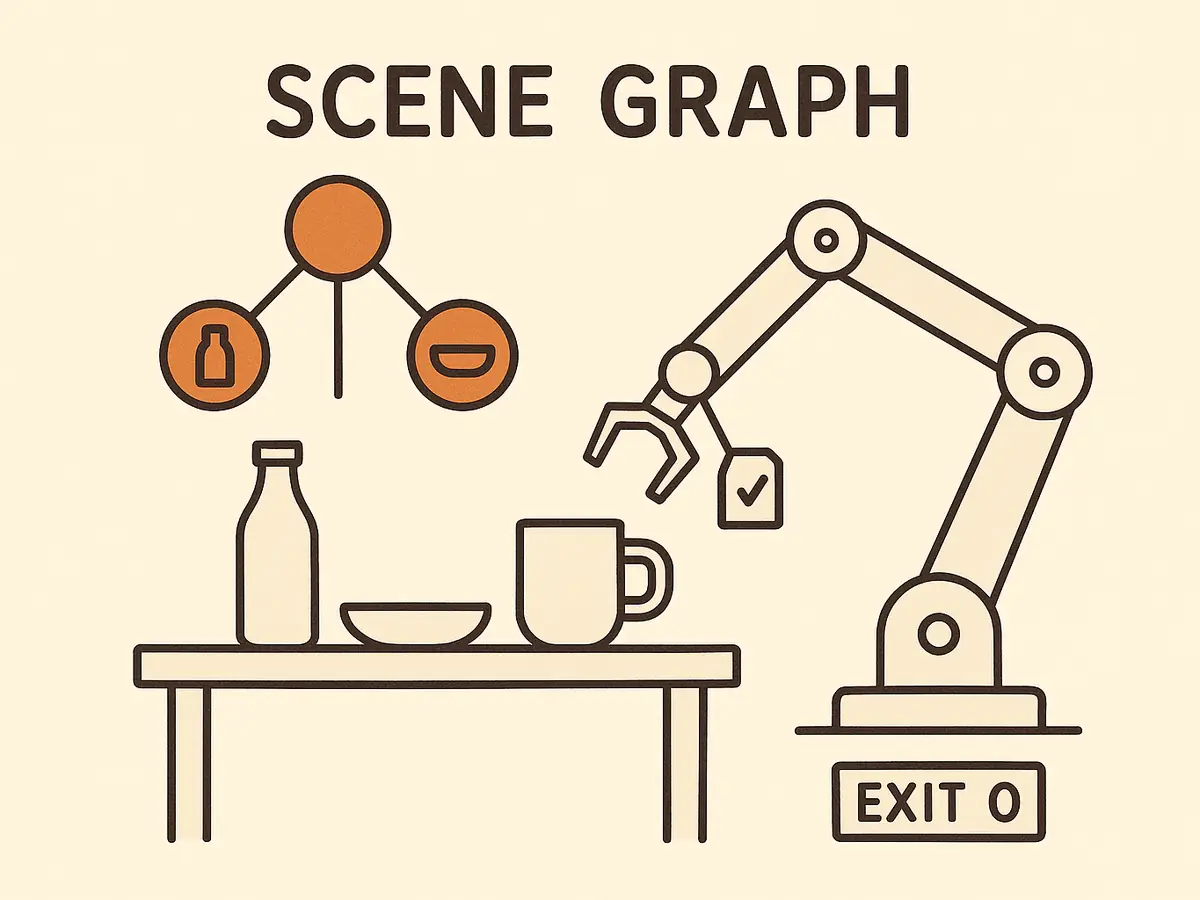 A robot arm reaches for a mug while a floating node diagram mirrors the objects on the table, each node linked to its object by a thin line; a small tag with a check mark sits beside the gripper.