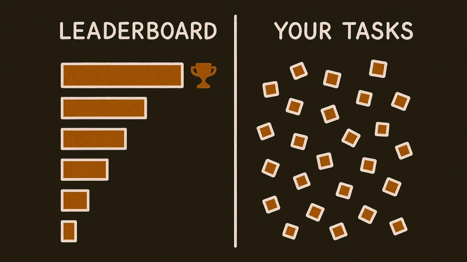 A ranked bar chart with a trophy beside it dissolves toward the right into a scattered cloud of small squares at random heights.