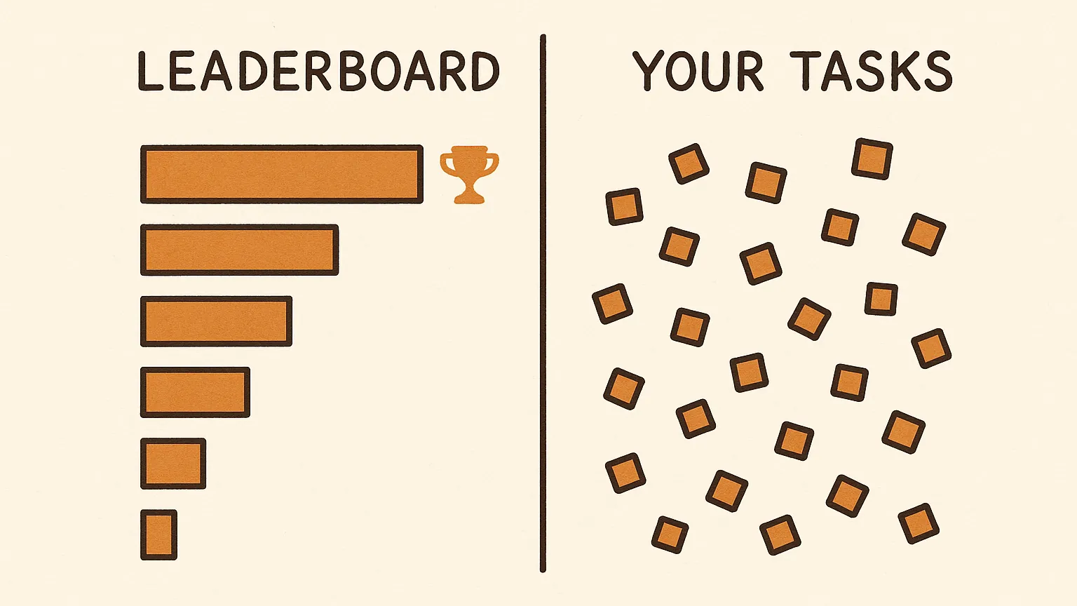 A ranked bar chart with a trophy beside it dissolves toward the right into a scattered cloud of small squares at random heights.