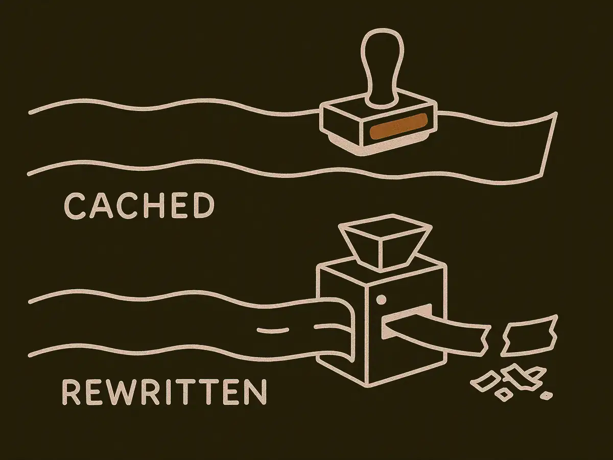 Two lanes: on top a long scroll passes under a stamp unchanged; below, the same scroll goes into a machine and comes out short and full of gaps, with shreds beside it.
