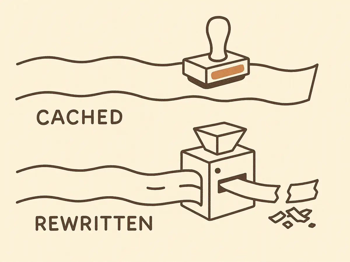 Two lanes: on top a long scroll passes under a stamp unchanged; below, the same scroll goes into a machine and comes out short and full of gaps, with shreds beside it.