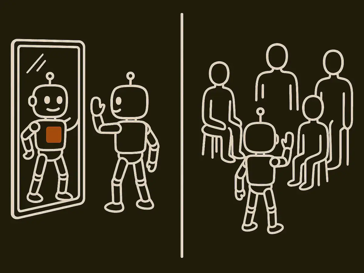 A robot practises against its own reflection in a mirror on the left; on the right the same robot faces a semicircle of five differently shaped training dummies.