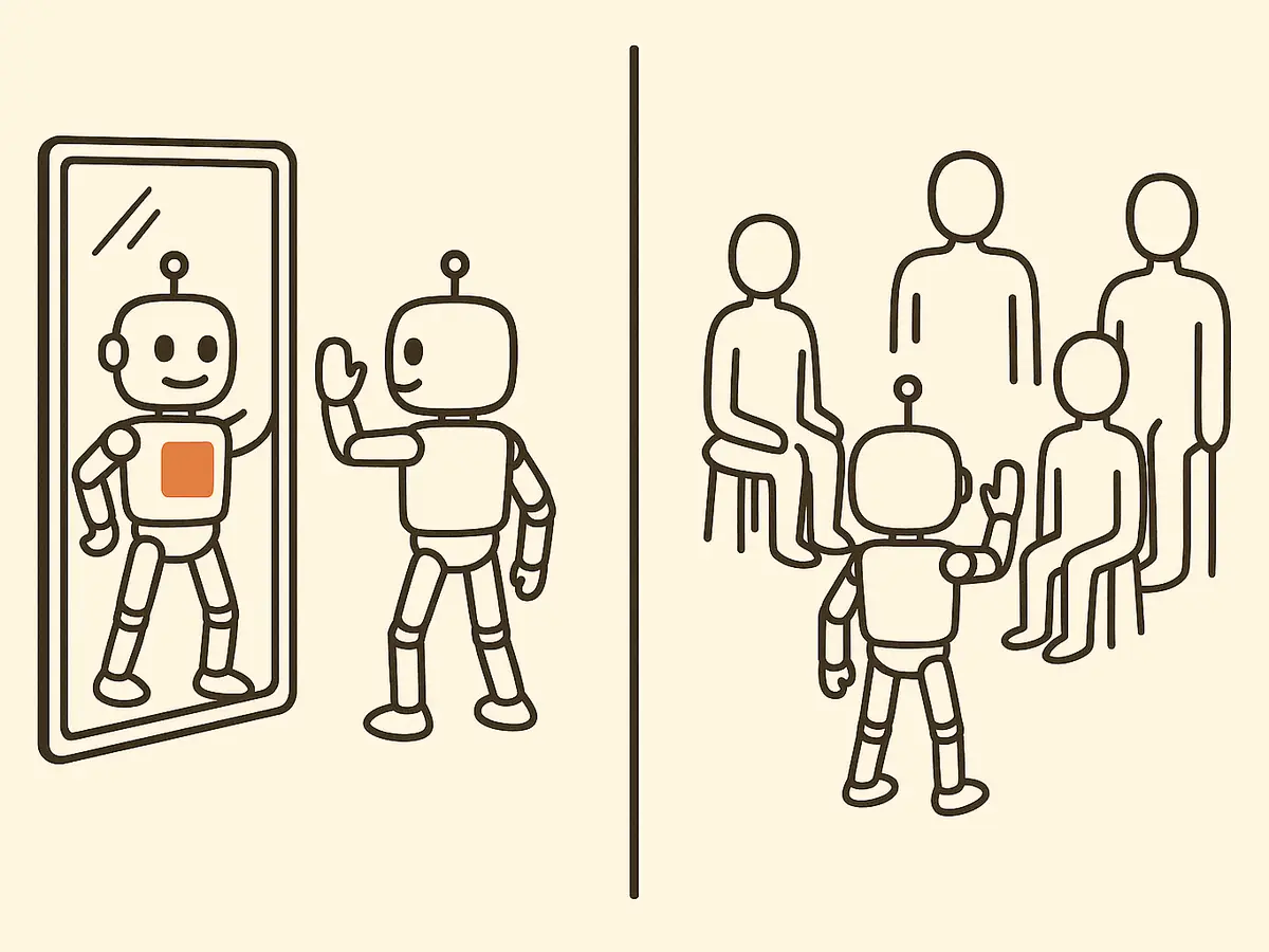 A robot practises against its own reflection in a mirror on the left; on the right the same robot faces a semicircle of five differently shaped training dummies.