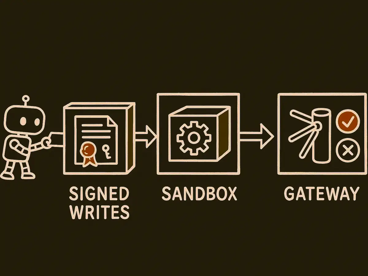 Three connected boxes: a sealed document with a key, a box inside a box holding a gear, and a turnstile with a checkmark and a cross; a small robot feeds paper into the first.