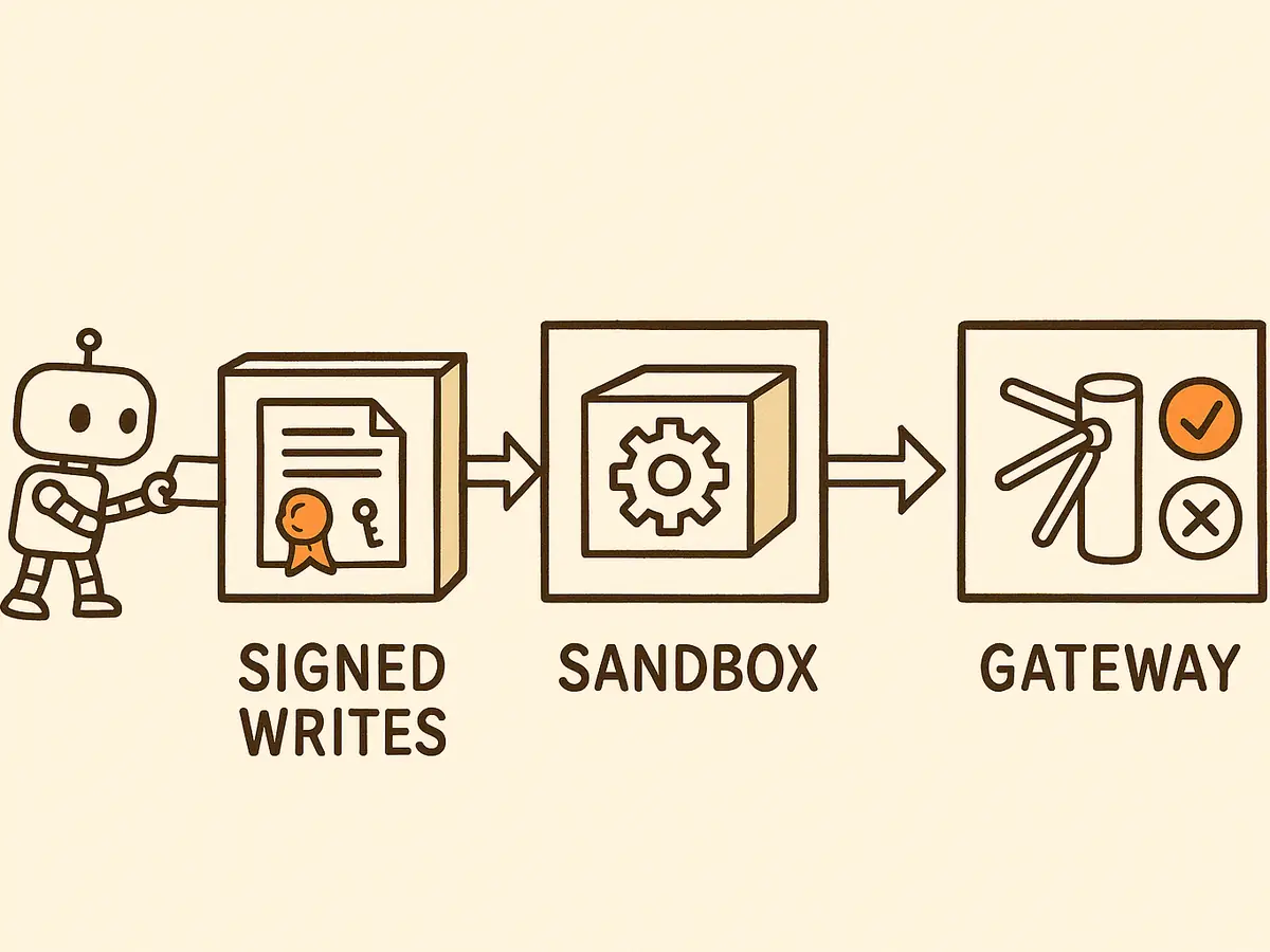 Three connected boxes: a sealed document with a key, a box inside a box holding a gear, and a turnstile with a checkmark and a cross; a small robot feeds paper into the first.