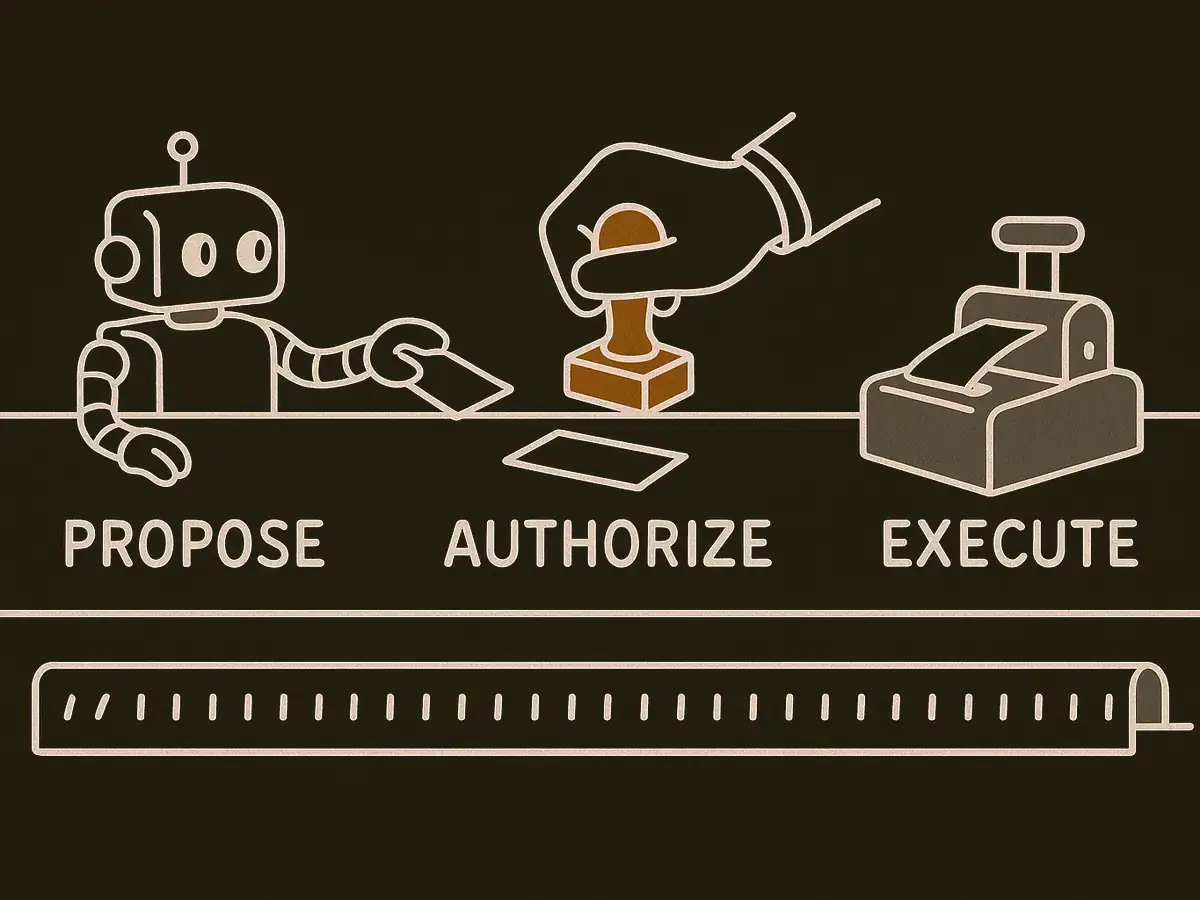 A robot slides a slip across a desk, a hand with a stamp hovers over it, and the slip drops into a slot on a small machine; a ledger strip below records tick marks.